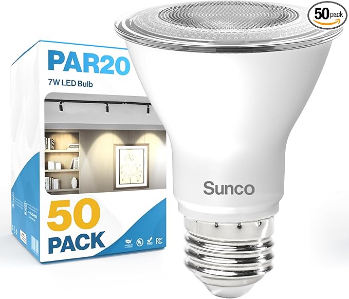 Sunco 50 Pack PAR20 LED Bulbs, Flood Light Bulb Outdoor, 500 LM, 7W (50W Equivalent), 3000K Warm White, E26 Medium Base, Dimmable, Track Lighting for Indoor/Outdoor Use, Wet Rated UL.