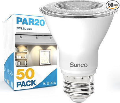 Sunco 50 Pack PAR20 LED Bulbs, Flood Light Bulb Outdoor, 500 LM, 7W (50W Equivalent), 6000K Daylight Deluxe, E26 Medium Base, Dimmable, Track Lighting for Indoor/Outdoor Use, Wet Rated UL.