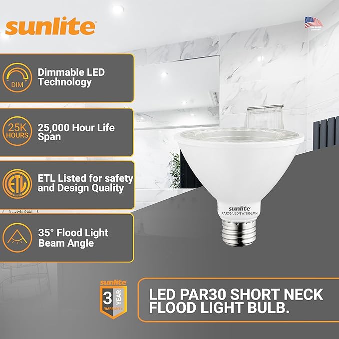 Sunlite LED PAR30 Short Neck Flood Light Bulb, 9 Watt, (75W Equivalent), 850 Lumens, Medium Screw (E26) Base, Dimmable, ETL Listed, 5000K Daylight, 6 Count