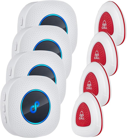 Caregiver Pager, Wireless SOS Call Button for Elderly at Home, Medical Life Alert System for Patients, Disabled, Nurses, 4 Receivers + 4 Buttons