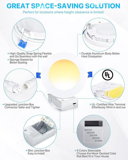 Ensenior 6 Pack 6 Inch LED Recessed Light, Dimmable, 2700K-5000K 5CCT, 1050LM High Brightness, 12W 120V, Damp Rated, Ultra-Thin Canless Wafer Ceiling Light - ETL & FCC & IC