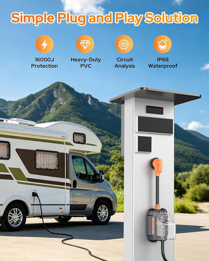 GEARGO 𝟐𝟎𝟐𝟔 Smart RV Surge Protector 30 amp with 16,000J, Auto Shutoff & Reset, Real-time LED Digital Display, IP68 30 amp RV Surge Protector, Full Circuit Analyzer for Travel Trailers