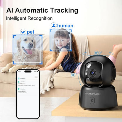 GOLSPARK Dog Pet Camera for Home Security 2K, 2.4GHz WiFi Camera Baby Monitor for Room with Motion Tracking Detection Night Vision, Two-Way Audio SD/Cloud Storage