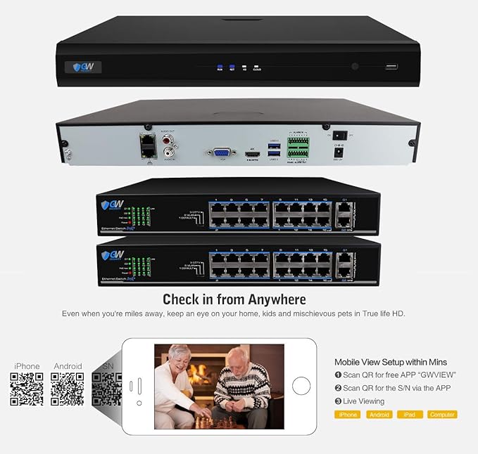 GW Security 32 Channel 4K NVR 5MP POE Audio & Video Security Camera System - 32 x 5MP 1920P Weatherproof Bullet Cameras,Built in Microphone, Quick QR Code Easy Setup, Pre-Installed 8TB Hard Drive