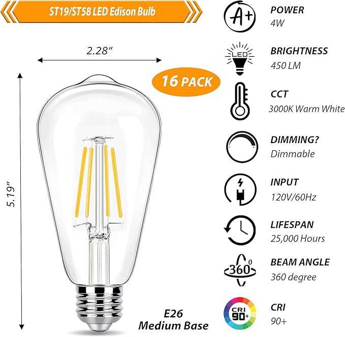 16 Pack Dimmable LED Edison Bulbs 40W Equivalent,4 Watt Filament Bulb,3000K Warm White ST19 Light Bulb,450LM E26 Vintage for Ceiling Fixtures