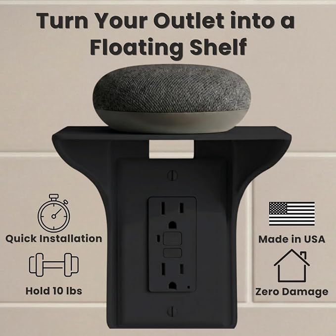 Power Perch Outlet Shelf Organizer for Alexa Echo Dot, HomePod Mini Speakers, Phone - Wall Outlet Holder with Cord Storage Strap - Socket Shelf Bathroom Kitchen Counter Charging Station - Black 2 Pack