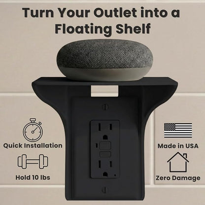 Power Perch Outlet Shelf Organizer for Alexa Echo Dot, HomePod Mini Speakers, Phone - Wall Outlet Holder with Cord Storage Strap - Socket Shelf Bathroom Kitchen Counter Charging Station - Black 2 Pack