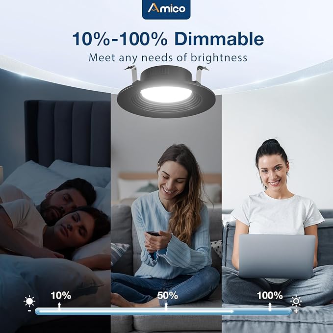 Amico 24 Pack 4 inch 5CCT LED Recessed Lighting, Dimmable, 8.5W=60W, 650LM, 2700K/3000K/4000K/5000K/6000K Selectable, Retrofit Can Lights with Baffle Trim, IC Rated - ETL & FCC, Black