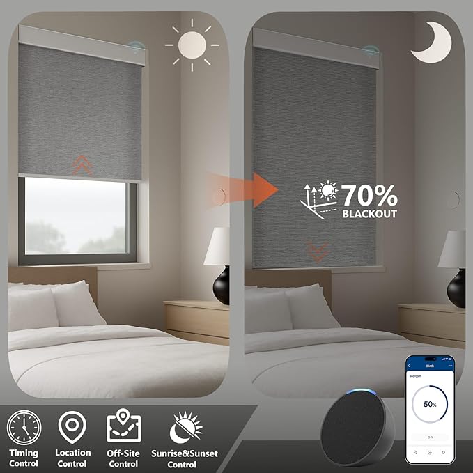 Motorized Light Filtering Roller Shades – Smart Electric Blinds for Living Room, Alexa Google Home Siri, Matter Compatible, Custom Window Shades, Cordless Rechargeable