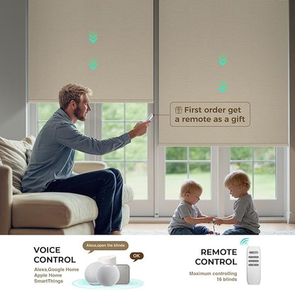 HeyBlinds Motorized Blinds with Remote, 100% Blackout Smart Blinds, Automatic Shades for Windows Compatible with Alexa Google and Homekit, Custom Size(Photo Film-Sand BO)