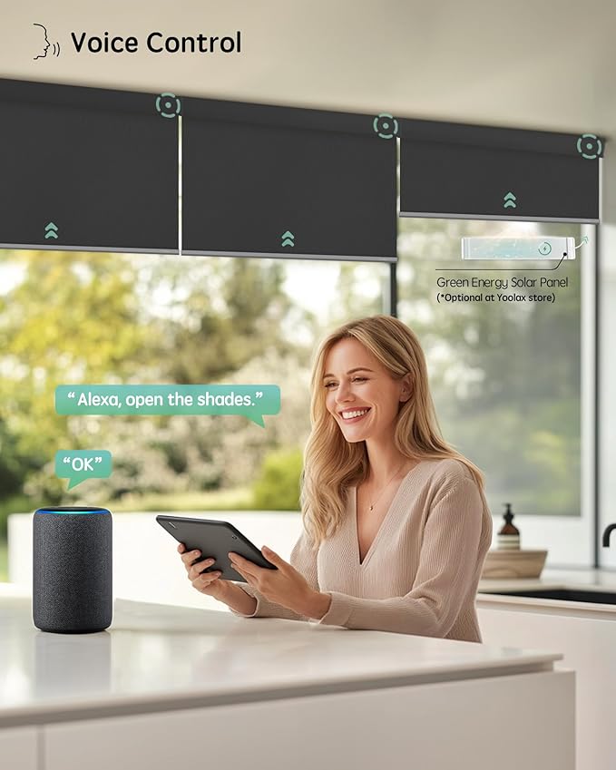 Yoolax Motorized Blinds with Remote, 100% Blackout Smart Blinds, Waterproof Motorized Shades Work with Alexa, Google, Apple Homekit, Custom Electric Shades Voice Control (Vinyl Dark Gray)