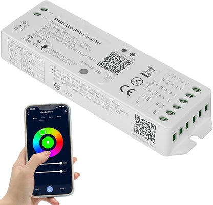 PAUTIX WiFi 5-in-1 LED Controller Dimmable for Monochrome CCT RGB RGBW RGBCCT LED Strip Lights Compatible with Tuya APP/Smart Life/Alexa/Google Home/Siri,DC12-24V Lights Controller(Without Battery)
