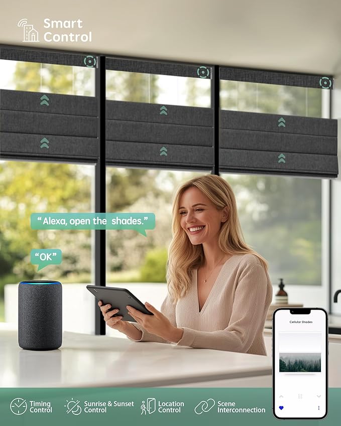 Yoolax Smart Top Down Bottom Up Roman Shades, Motorized Roman Shades with Remote, Blackout Smart Blinds Work with Alexa, Google, Apple Homekit for Living Room Bedroom, Customized (Dark Grey)