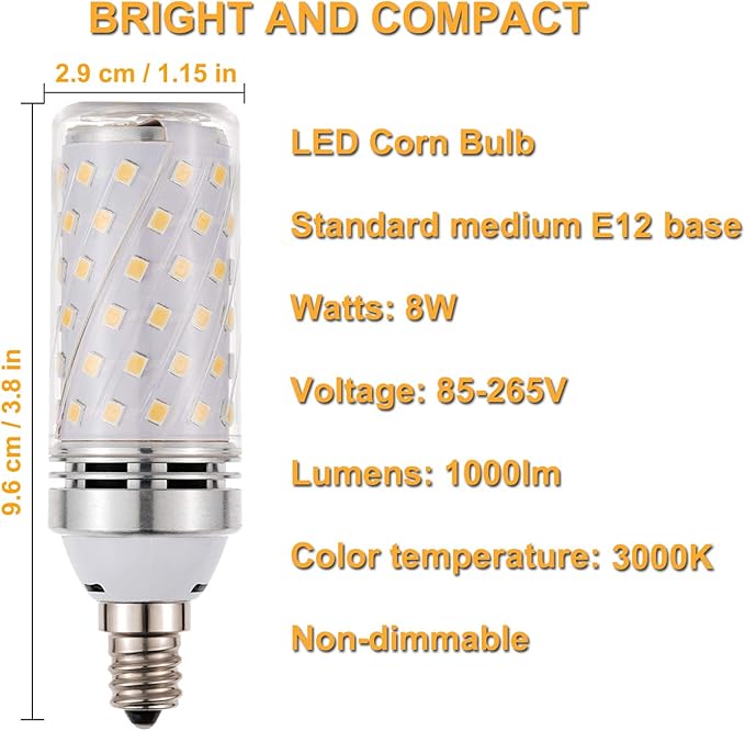 RAYHOO Candelabra LED Bulbs Incandescent 80-100W Bulb Equivalent, Standard Medium E12 Base,1000Lumens Non-Dimmable,4 Pack(Warm White 3000K)