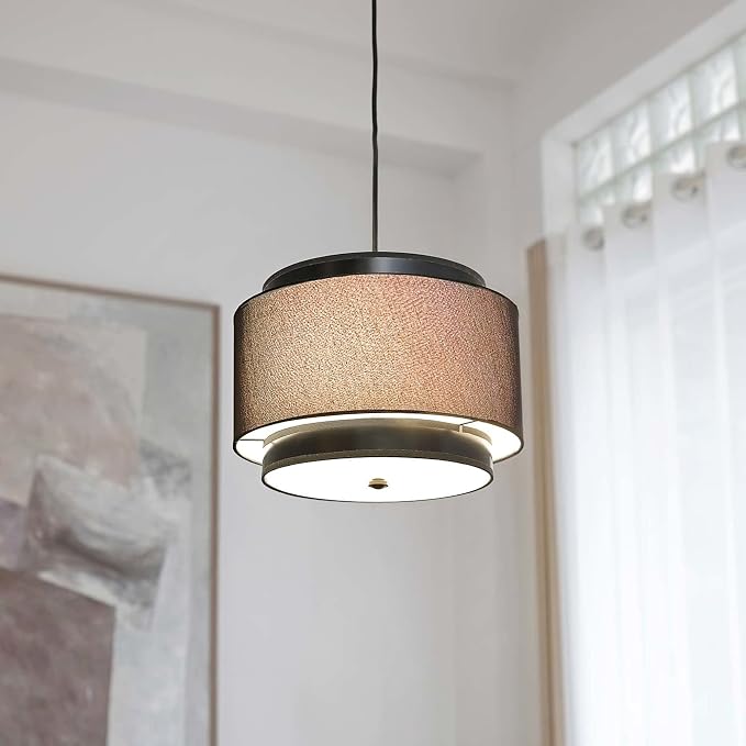 Globe Electric 61189 2-Light Pendant Light Fixture, Matte Black, Linen Outer Shade, Fabric Cord, Dining Room Fixture, Kitchen Island Lighting, Living Room Pendant Light, Hanging Lights for Bedroom