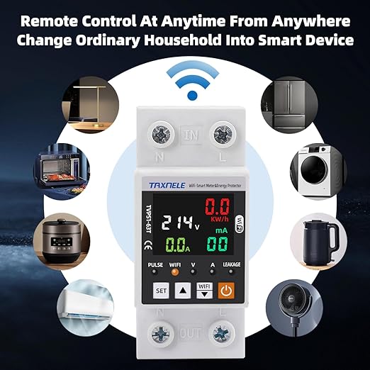 TUYA WiFi Smart Energy Meter AC 63A 85-300V WiFi Smart Earth Leakage Over Under Voltage Protector Electricity Energy Monitor APP Remote Control Smart Life 230V 110V Compatible with Alexa Google Home