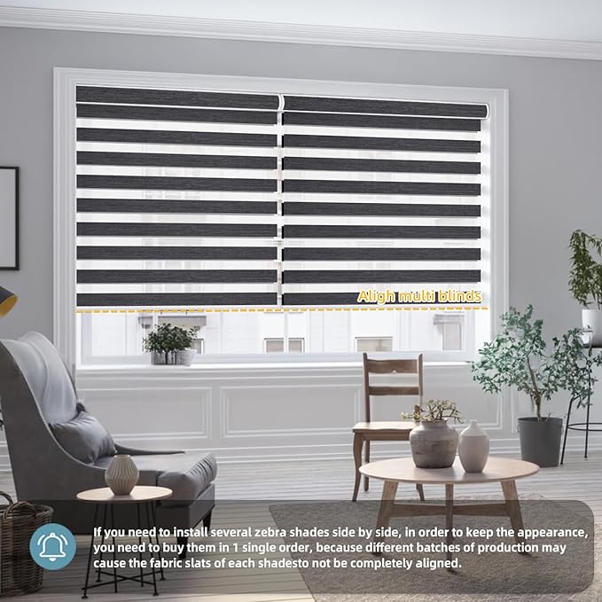 SmartWings Motorized Zebra Blinds with Remote, Custom Size Smart Electric Roller Shades for Windows, Automatic Light Filtering Dual Layer, Cordless Battery Motor, 95mm 85% Blackout Graphite
