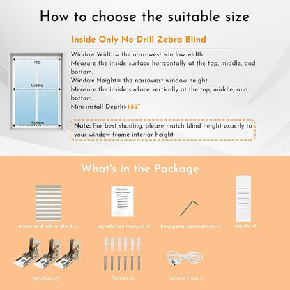 Persilux No Drill Motorized Zebra Blinds with Remote, Automatic 65% Blackout Smart Zebra Shades, Dual Layer Privacy, Linen Fabric, Wheat, RS2255-4