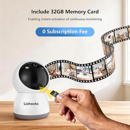 3MP Indoor Security Camera with 32GB SD Card - Pan/Tilt WiFi Camera with Motion Detection & Smart Night Vision for Baby & Pet Monitoring, Supports Cloud Storage