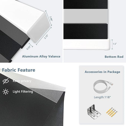 Motorized Zebra Blinds for Windows Cordless Electric Curtains with Remote Control Blackout Shades Custom Smart Blinds Compatible with Alexa Google Home(Light Filtering Black,W27 X 72in)