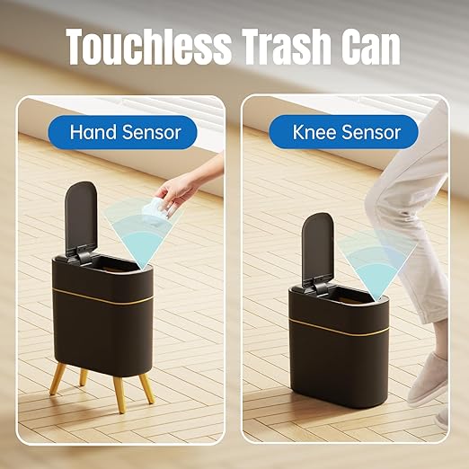 Yatmung Bathroom Trash Can Automatic Touchless Modern Smart Trash Bin - Narrow Waste Basket for Bedroom, Laundry Room, Office, Plastic - Motion Sensor Garbage Can with Lid - Black with Gold Edge