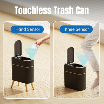 Yatmung 2 Pack - Automatic Bathroom Trash Can with Lid 2.5 Gal Smart Bathroom Trash Can Automatic Touchless - Bedroom, Office, Kitchen, Living Room - Motion Sensor Garbage Can - Black with Gold Legs