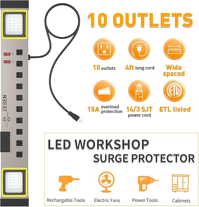 ZESEN 10-Outlet Power Strip with LED Worklight Surge Protector 4ft Cord with Dual Smart USB, Workshop/Garage/Office/Home, ETL Listed