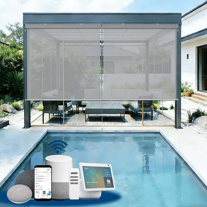 Motorized Outdoor Shades, Custom Patio Roller Blinds with Remote, Smart Exterior Sun Shades Compatible with Alexa, HomeKit, Google Home (5% Openness Grey)