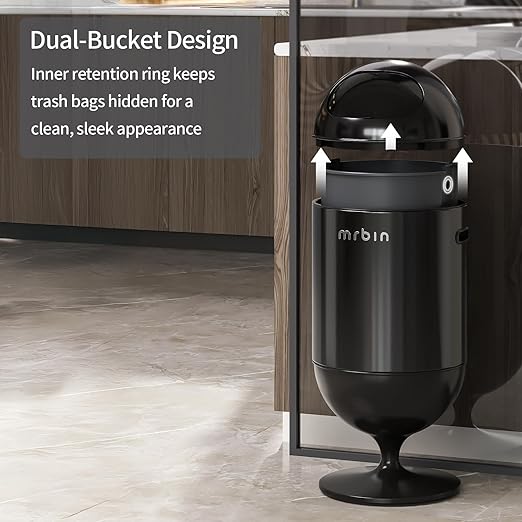 MRBIN Metal Trash Can with Lid, 5.3 Gallons / 20L Medium Decorative Waste Basket, Round Tall Garbage with High Leg for Bathroom, Office, Bedroom, Kitchen, Black