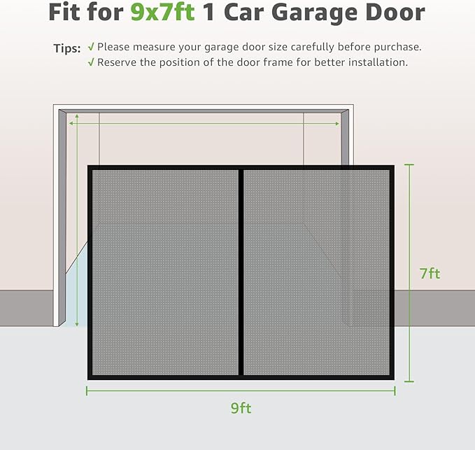 Garage Screen Doors for 1 Car Garage - 9x7Ft Magnetic Closure Heavy Duty Weighted Bottom Screen Self Sealing Fiberglass Mesh Anti Annoying Animals Retractable Net - Easy Install & Pass-Through(Black)
