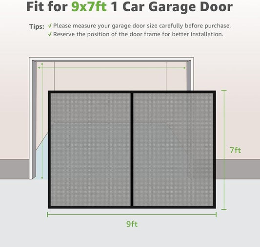 Garage Screen Doors for 1 Car Garage - 9x7Ft Magnetic Closure Heavy Duty Weighted Bottom Screen Self Sealing Fiberglass Mesh Anti Annoying Animals Retractable Net - Easy Install & Pass-Through(Black)