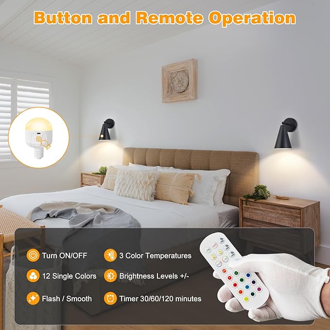 Rechargeable Light Bulbs with Remote, 2000mAh Magnetic Battery Powered E26 LED Bulb with Timer for Lamps/Sconces/Outdoor Camping, 3 Color Temperatures & 12 RGB Colors, Non-Hardwired, 1 Pack