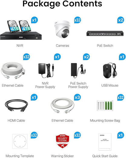 ZOSI 32 Channel 4K PoE Security Camera System, 32 x 4K Spotlight Outdoor Indoor Cameras, Face Person Vehicle Detection, 2 Way Audio, 32CH 8MP Surveillance NVR with 8TB HDD for Business 24/7 Recording