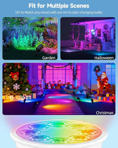 MR16 Color Changing LED Bulbs Outdoor Exclusive Single-Color Cycle Mode MR16 LED Bulb Color Changing Gu5.3 Base for Landscape Lighting RGB±CCT 2700K-6000K Remote Control, 6-Pack