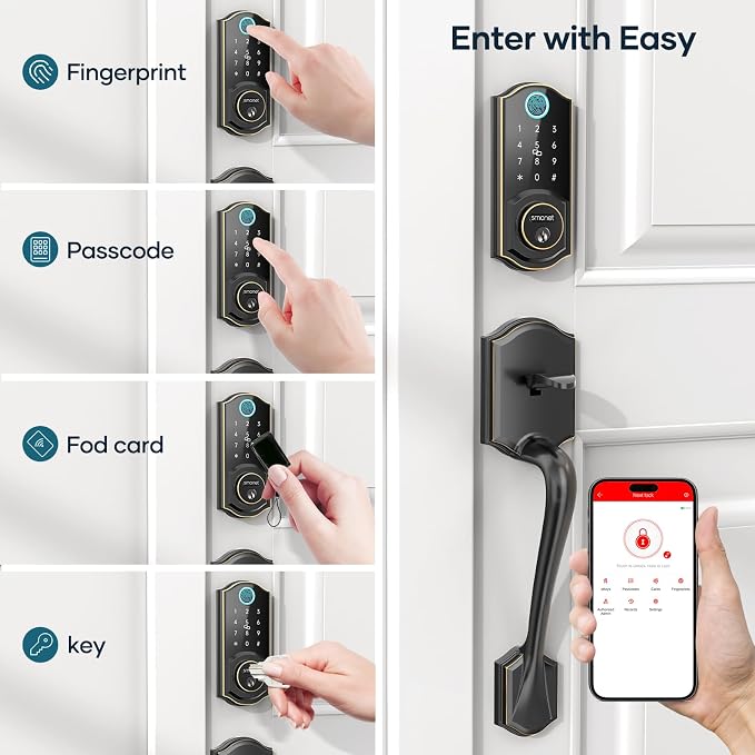 SMONET Front Door Lock Set Keyless Entry, Smart Door Lock with Handle, Fingerprint Keypad Bluetooth Alexa Deadbolt Lockset Suitables for Rental Management and Smart Home Residents