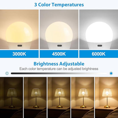 Rechargeable Light Bulbs with Remote Control and USB Charging; Dimmable Battery Operated Light Bulbs with 3 Color Temps and 4 Timer; A19 Wireless Light Bulbs for Sconce, Not-Hardwired 4 Pack
