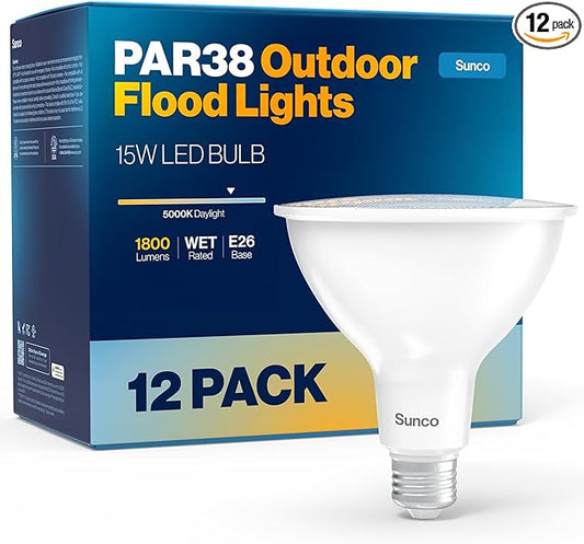 Sunco 12 Pack Outdoor Flood Light Bulbs, PAR38 Waterproof LED Lighting, 1800 LM, 15W (150W Equivalent), 5000K Daylight, Dimmable, E26 Base, Wet Rated, for Porch Landscape Driveway Garage Yard, UL.