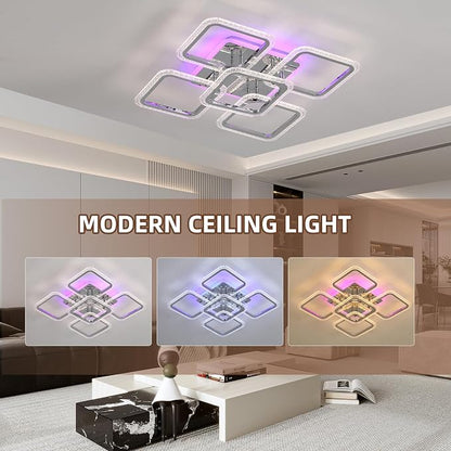 80W Dimmable LED Ceiling Light, 5-Square Flush Mount, Chrome | 4800LM Remote Control Ceiling Light Fixture, 3000K-6000K, 22in Modern Lighting for Living Room Bedroom Kitchen Dining Room
