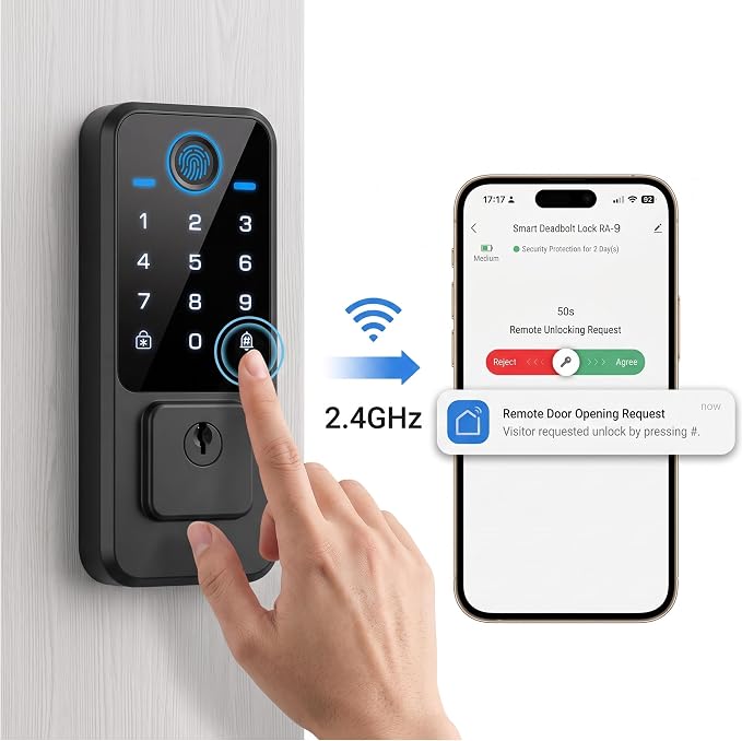WiFi Smart Door Lock - Keyless Entry Door Lock for Front Door, Fingerprint Door Lock with App Control, 5-in-1 Touchscreen Deadbolt with 6 Keys & 2 NFC Cards, Built-in 2.4G WiFi