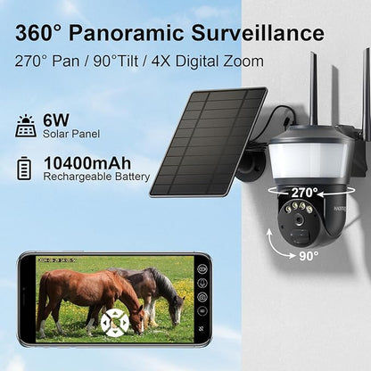 4G LTE Cellular Solar Security Camera Wireless Outdoor, No WiFi Security Camera with Powerful Spotlight, Free Cloud Storage(Need Apply), 2K Cameras for Home Security, PTZ 360° View for Farm Ranch RV