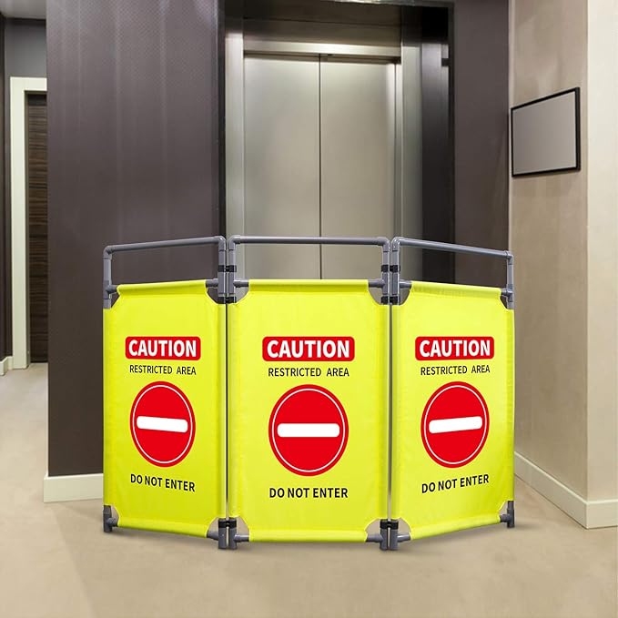 3 Panels Safety Barricade 5.8FT Foldable Security Sign Barrier Gate with Heavy Duty PVC Frame High Visibility Caution Symbol Crowd Control Restricted Area Pedestrian Barricade (Yellow-1)