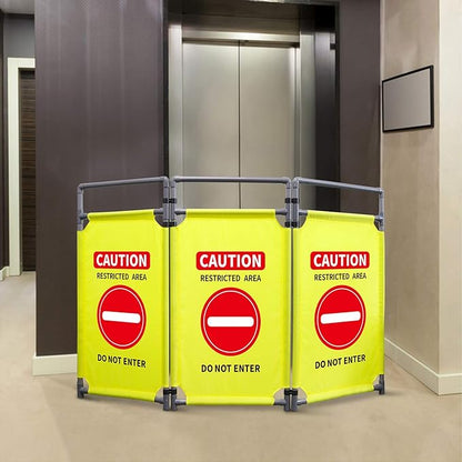 3 Panels Safety Barricade 5.8FT Foldable Security Sign Barrier Gate with Heavy Duty PVC Frame High Visibility Caution Symbol Crowd Control Restricted Area Pedestrian Barricade (Yellow-1)