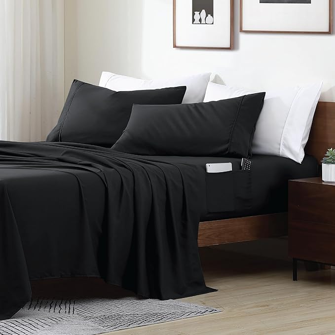 Swift Home Smart Sheets, Ultra Soft Brushed Microfiber 4-Piece Sheet Set, Fitted Bed Sheet with Side Storage Pockets – Black, Queen