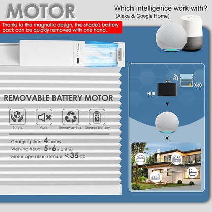 Motorized Cellular Shades with Remote Control, Blackout Electric Smart Blinds(Free Solar Panel) with Cordless, Windows Automatic Honeycomb Blinds, with Alexa Google, White, 30"× 64"