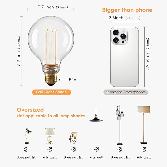 Globe Edison LED Light Bulb, Vintage Decorative Dimmable Bulb Round Glass Cover, 3.5W Low Lumen Eye-Caring Soft Dim Lighting for Mood(Not Daylight White), E26 Medium Base, Clear RN G95