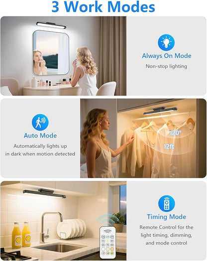Ferswe 3W Motion Sensor Rechargeable Light Bar with Remote, Eye-Friendly Closet Lights with Battery Display, 2000mAh Makeup Lighting, Magnetic Light Bar for Cabinet, Closet, Bathroom and Desk