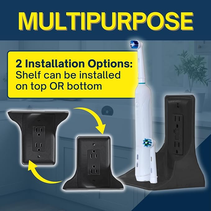 Power Perch Outlet Shelf Organizer for Alexa Echo Dot, HomePod Mini Speakers, Phone - Wall Outlet Holder with Cord Storage Strap - Socket Shelf Bathroom Kitchen Counter Charging Station - Black 2 Pack
