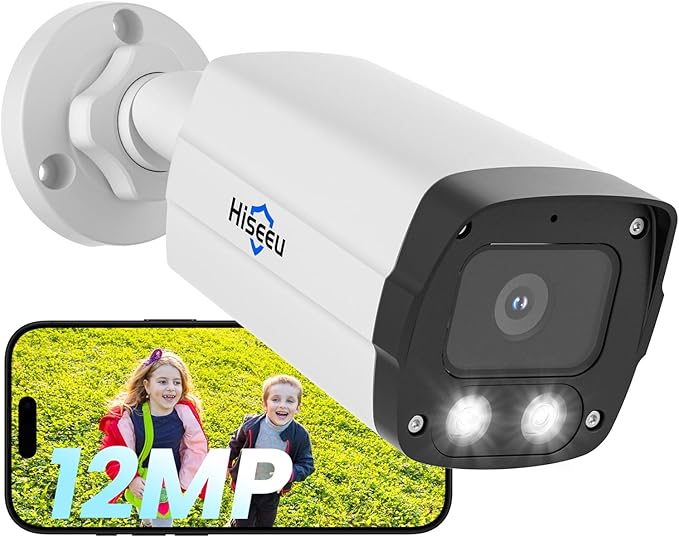Hiseeu [12MP HD] 12MP PoE IP Camera, Security Camera Outdoor&Indoor, Human Vehicle Detect, 121° Wide View, 2 Way Audio, 3840 * 2880p, 20fps, Color Night Vision, IP 67 Waterproof, Work PoE NVR