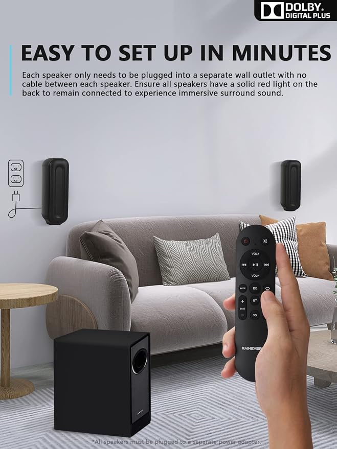 5.1 CH Surround Sound Bar with Dolby Audio, Sound Bars for TV, Wireless Subwoofer & Rear Speaker, Dolby Digital Plus, Bluetooth 5.3, Surround Sound System for Home Theater, 4K & HD TVs| HDMI & Optical