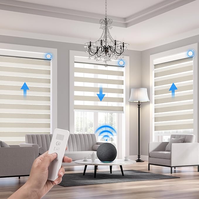 Motorized Zebra Blinds Compatible with Alexa Google Smart Home Dual Layer Remote Roller Blinds Electric Horizontal Window Blindsfor Home Office, Customized Size (95% Shading - Beige)